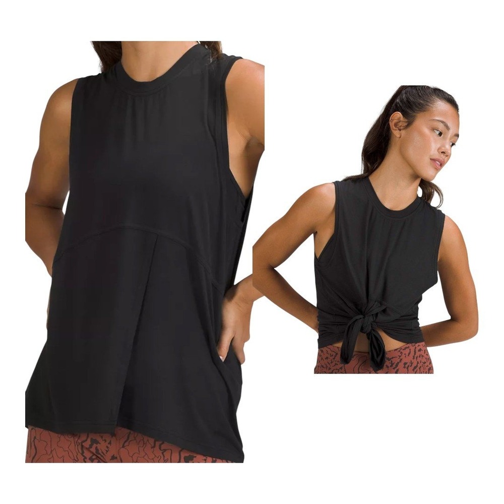 Lululemon Black Modal-Silk Blend Tie-Front Yoga Tank Top Jersey Sleeveless Shirt